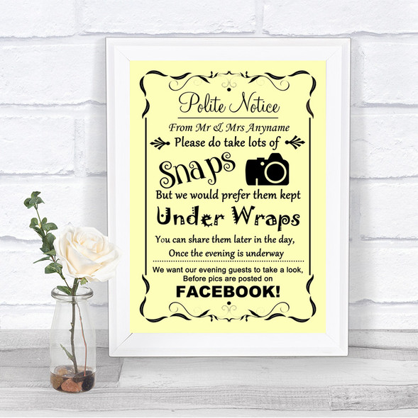 Yellow Don't Post Photos Facebook Personalized Wedding Sign