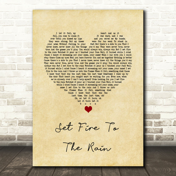 Adele Set Fire To The Rain Vintage Heart Song Lyric Music Print