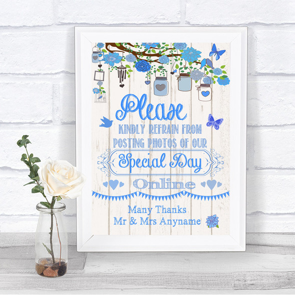 Blue Rustic Wood Don't Post Photos Online Social Media Personalized Wedding Sign