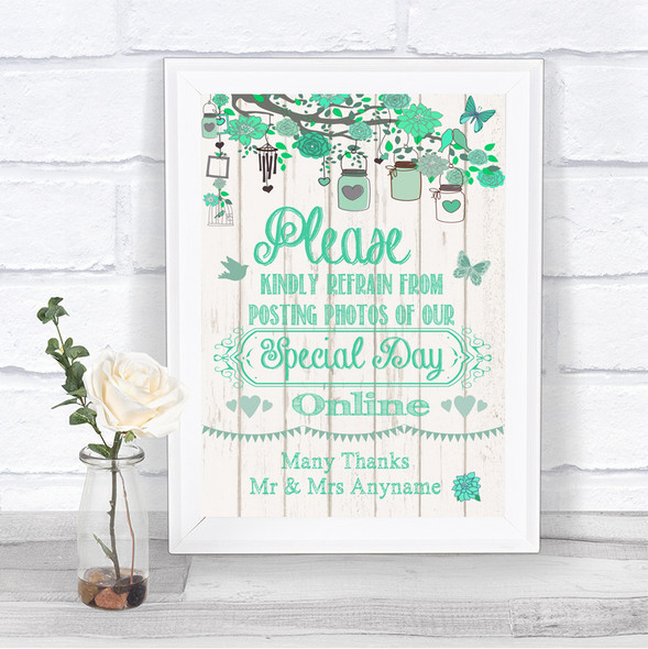 Green Rustic Wood Don't Post Photos Online Social Media Wedding Sign