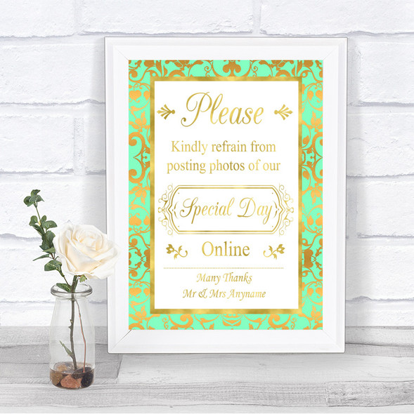 Mint Green & Gold Don't Post Photos Online Social Media Wedding Sign