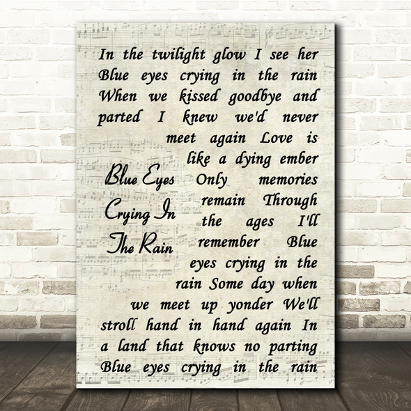 Willie Nelson Blue Eyes Crying In The Rain Vintage Script Song Lyric Music Print