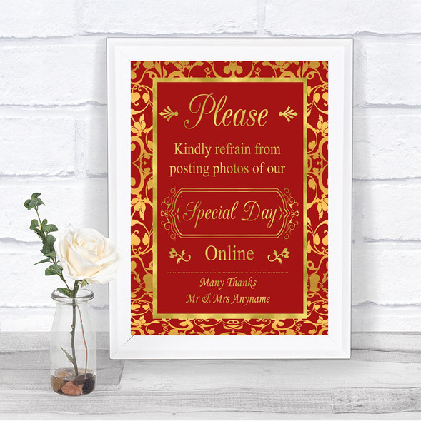 Red & Gold Don't Post Photos Online Social Media Personalized Wedding Sign