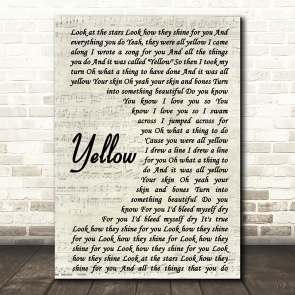 Coldplay Yellow Vintage Script Song Lyric Music Print
