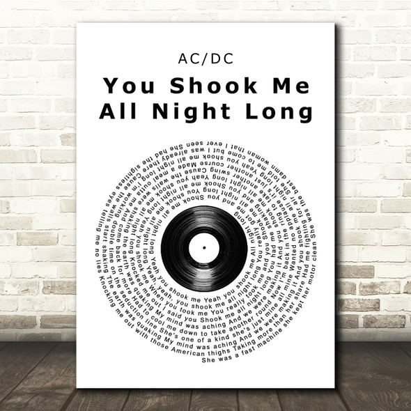 ACDC You Shook Me All Night Long Vinyl Record Song Lyric Music Print