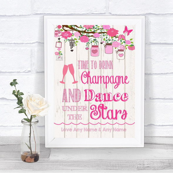 Pink Rustic Wood Drink Champagne Dance Stars Personalized Wedding Sign