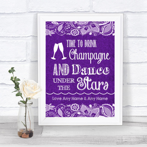 Purple Burlap & Lace Drink Champagne Dance Stars Personalized Wedding Sign