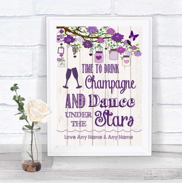 Purple Rustic Wood Drink Champagne Dance Stars Personalized Wedding Sign