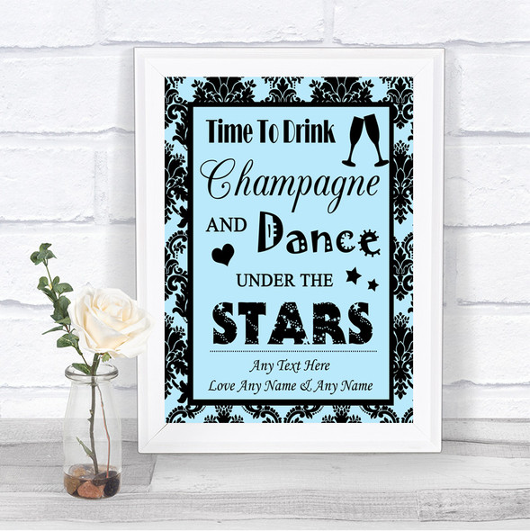 Sky Blue Damask Drink Champagne Dance Stars Personalized Wedding Sign