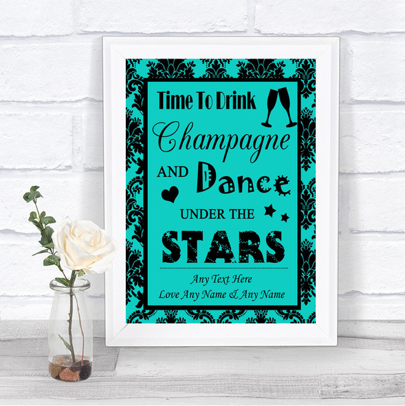 Turquoise Damask Drink Champagne Dance Stars Personalized Wedding Sign