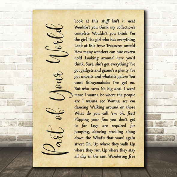 The Little Mermaid Part of Your World Rustic Script Song Lyric Music Print