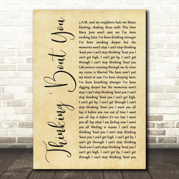 Dua Lipa Thinking 'Bout You Rustic Script Song Lyric Music Print