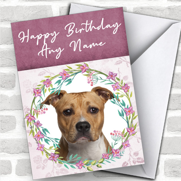 American Staffordshire Terrier Dog Pink Floral Animal Personalized Birthday Card