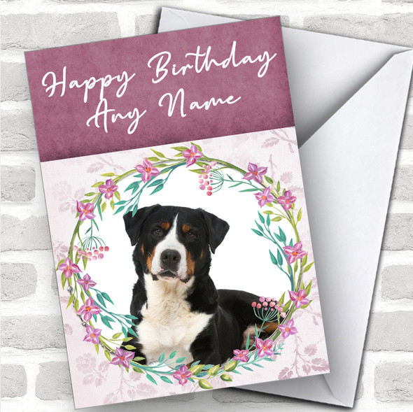 Great Swiss Mountain Dog Pink Floral Animal Personalized Birthday Card