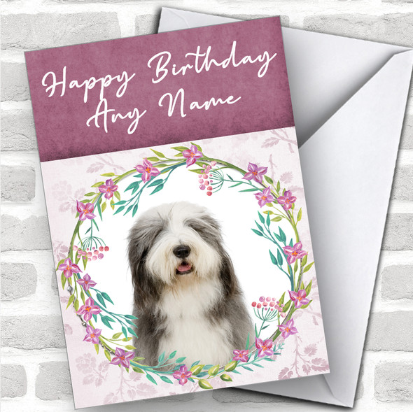 Old English Sheepdog Dog Pink Floral Animal Personalized Birthday Card