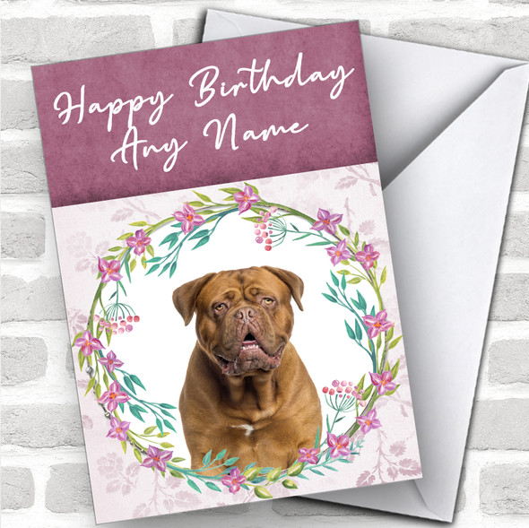 Dogue De Bordeaux Dog Pink Floral Animal Personalized Birthday Card
