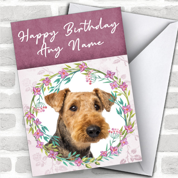 Airedale Terrier Dog Pink Floral Animal Personalized Birthday Card