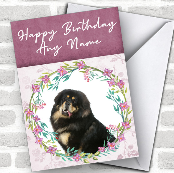 Tibetan Mastiff Dog Pink Floral Animal Personalized Birthday Card