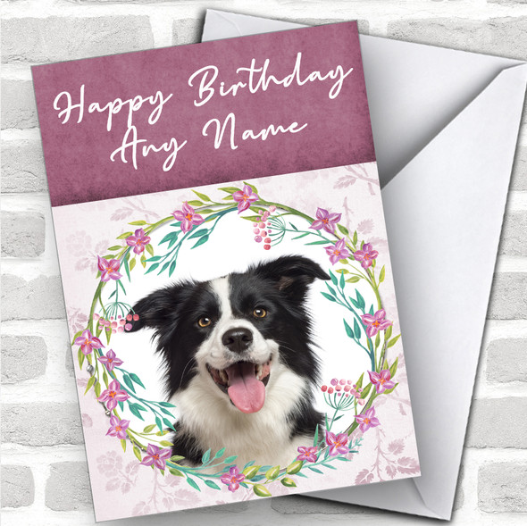 Border Collie Dog Pink Floral Animal Personalized Birthday Card