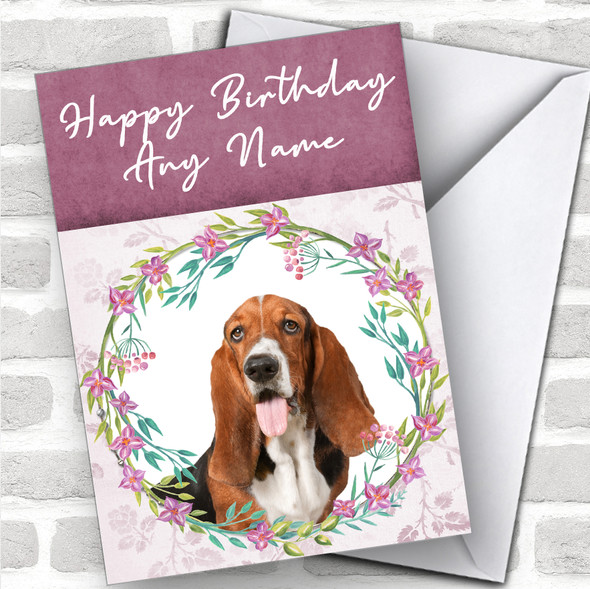 Basset Hound Dog Pink Floral Animal Personalized Birthday Card