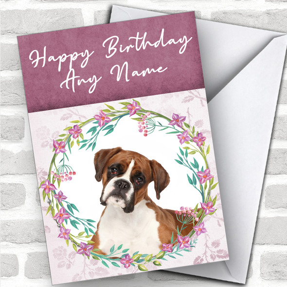 Boxer Dog Pink Floral Animal Personalized Birthday Card