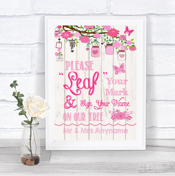 Pink Rustic Wood Fingerprint Tree Instructions Personalized Wedding Sign