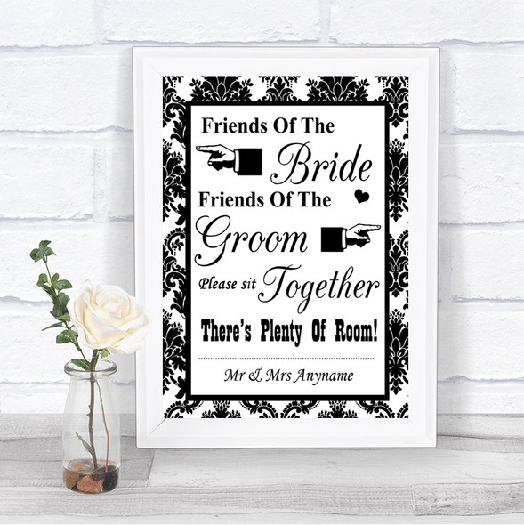 Black & White Damask Friends Of The Bride Groom Seating Wedding Sign