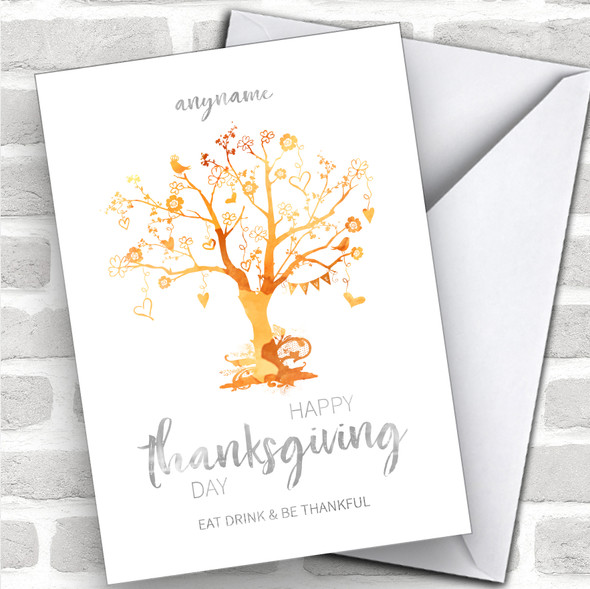 Beautiful Tree Eat Drink Thankful Orange Personalized Happy Thanksgiving Card