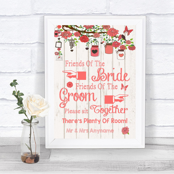 Coral Rustic Wood Friends Of The Bride Groom Seating Personalized Wedding Sign