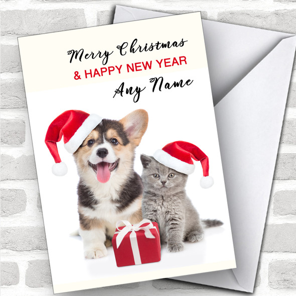 Welsh Corgi Dog & Kitten Animal Personalized Christmas Card