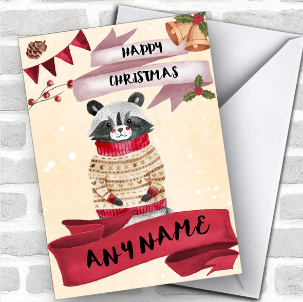 Watercolour Snowy Raccoon Cute Personalized Christmas Card