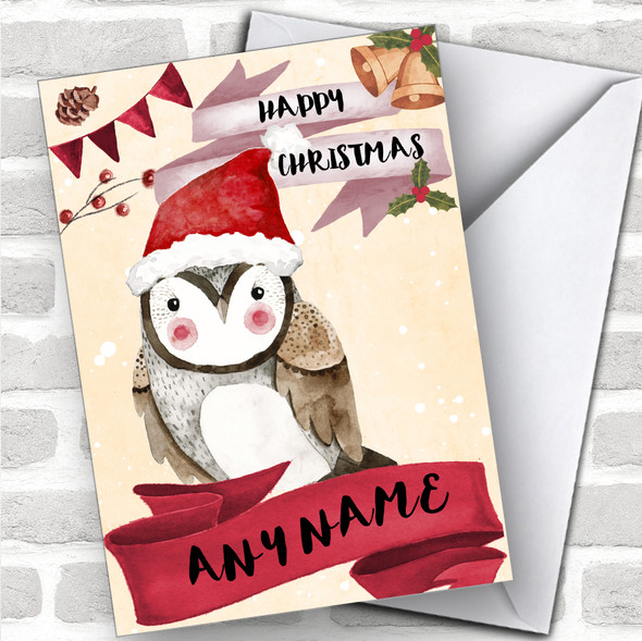 Watercolour Snowy Owl Cute Personalized Christmas Card