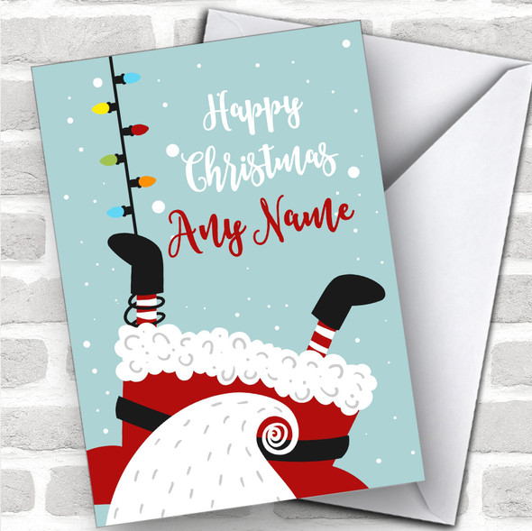 Santa Hanging From Lights Modern Personalized Christmas Card