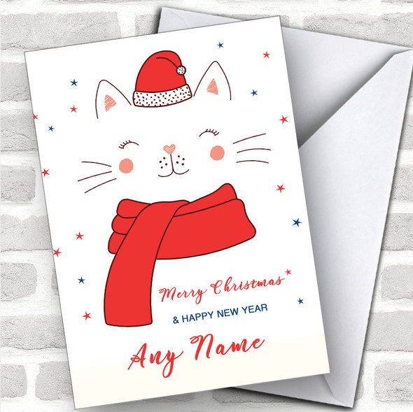 Cat In Hat Heart Nose Modern Personalized Christmas Card