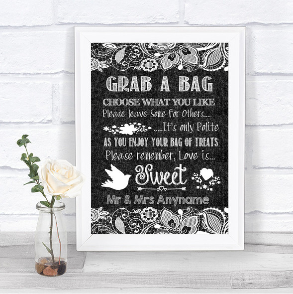 Dark Grey Burlap & Lace Grab A Bag Candy Buffet Cart Sweets Wedding Sign