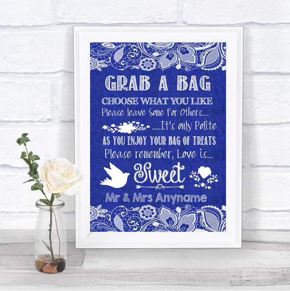 Navy Blue Burlap & Lace Grab A Bag Candy Buffet Cart Sweets Wedding Sign