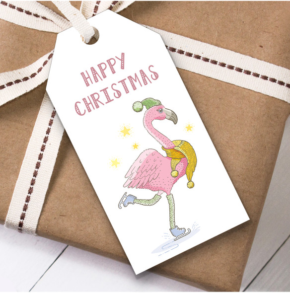Skating Flamingo Christmas Gift Tags