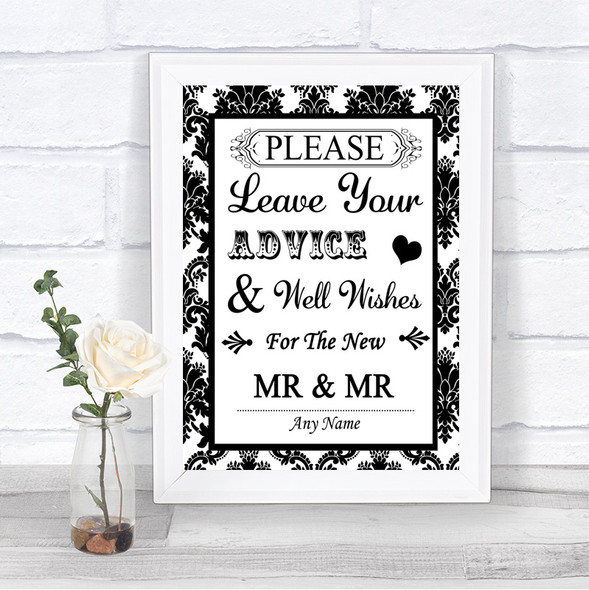 Black & White Damask Guestbook Advice & Wishes Gay Personalized Wedding Sign