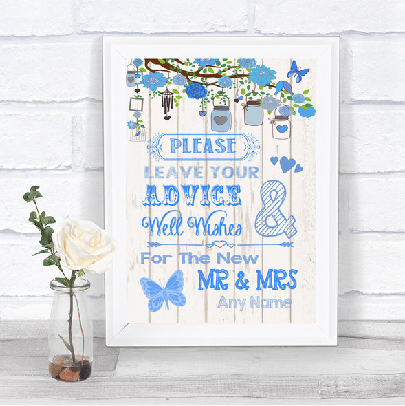 Blue Rustic Wood Guestbook Advice & Wishes Mr & Mrs Personalized Wedding Sign