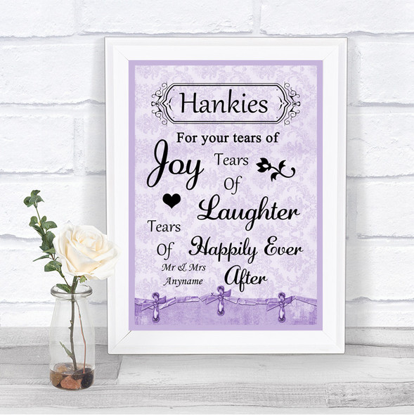 Lilac Shabby Chic Hankies And Tissues Personalized Wedding Sign