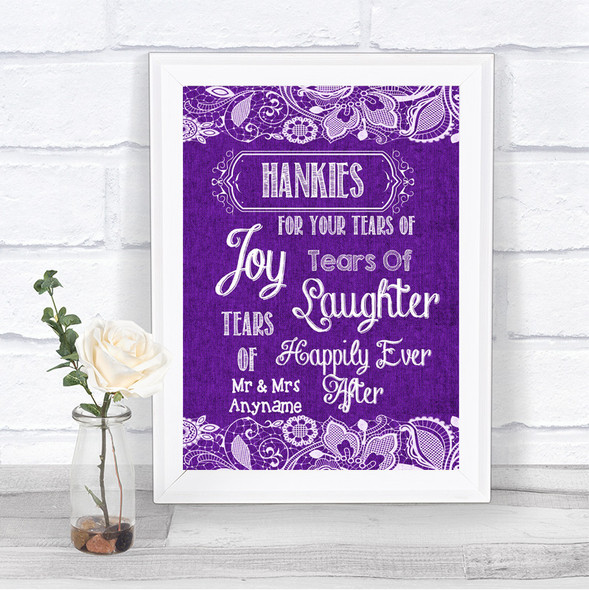 Purple Burlap & Lace Hankies And Tissues Personalized Wedding Sign