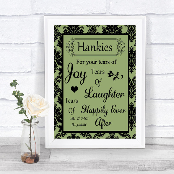 Sage Green Damask Hankies And Tissues Personalized Wedding Sign
