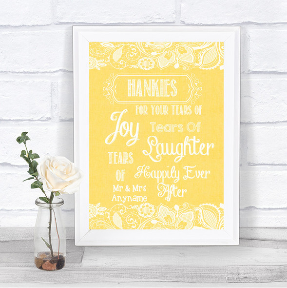 Yellow Burlap & Lace Hankies And Tissues Personalized Wedding Sign