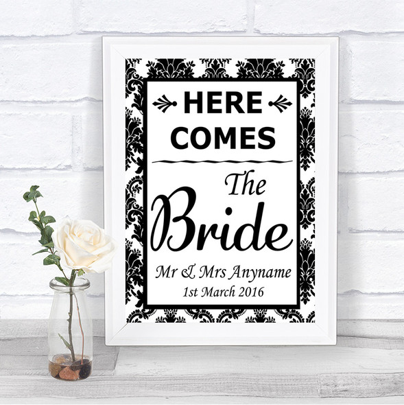 Black & White Damask Here Comes Bride Aisle Sign Personalized Wedding Sign