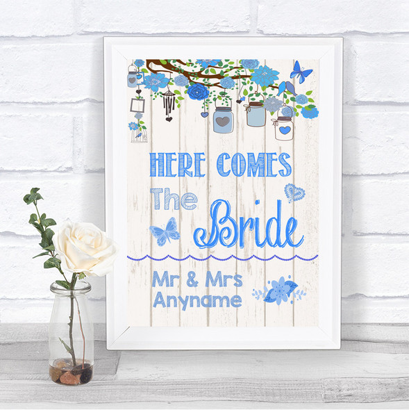 Blue Rustic Wood Here Comes Bride Aisle Sign Personalized Wedding Sign