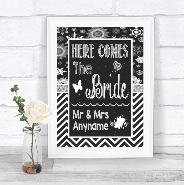 Chalk Winter Here Comes Bride Aisle Sign Personalized Wedding Sign