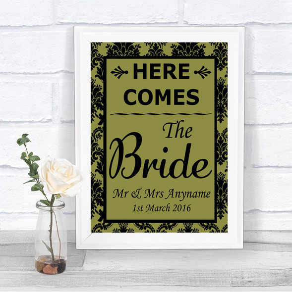 Olive Green Damask Here Comes Bride Aisle Sign Personalized Wedding Sign