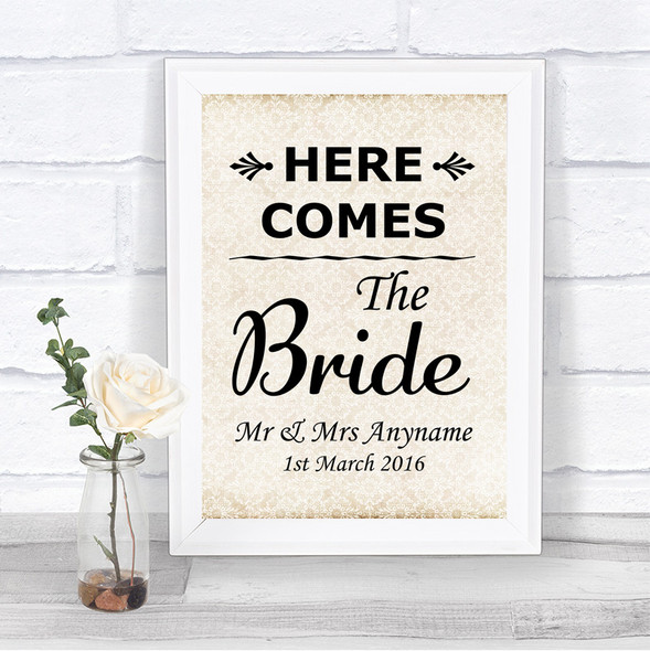 Shabby Chic Ivory Here Comes Bride Aisle Sign Personalized Wedding Sign