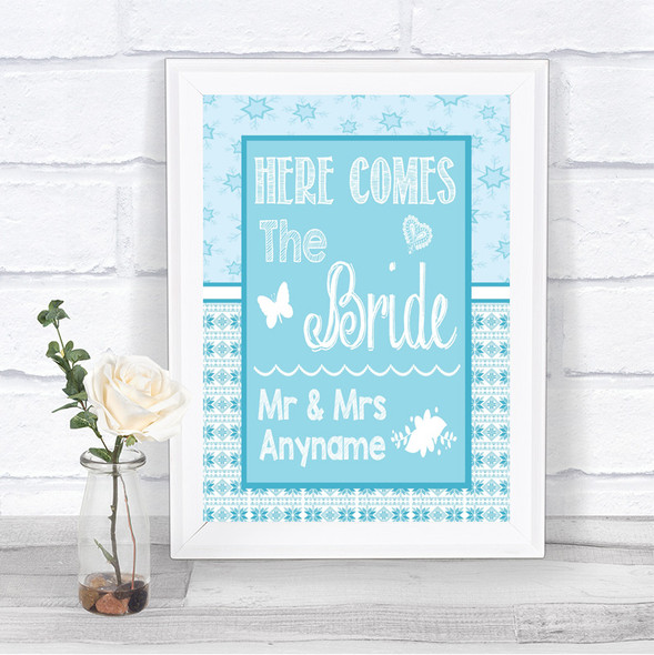 Winter Blue Here Comes Bride Aisle Sign Personalized Wedding Sign