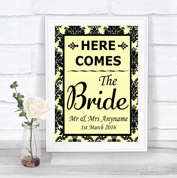 Yellow Damask Here Comes Bride Aisle Sign Personalized Wedding Sign